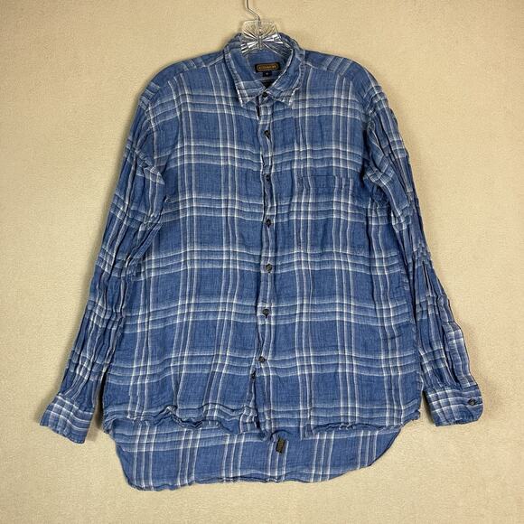 COACH Shirt Mens M Blue Plaid Long Sleeve Linen Button‎ Up Relaxed Fit Pocket - Picture 1 of 11